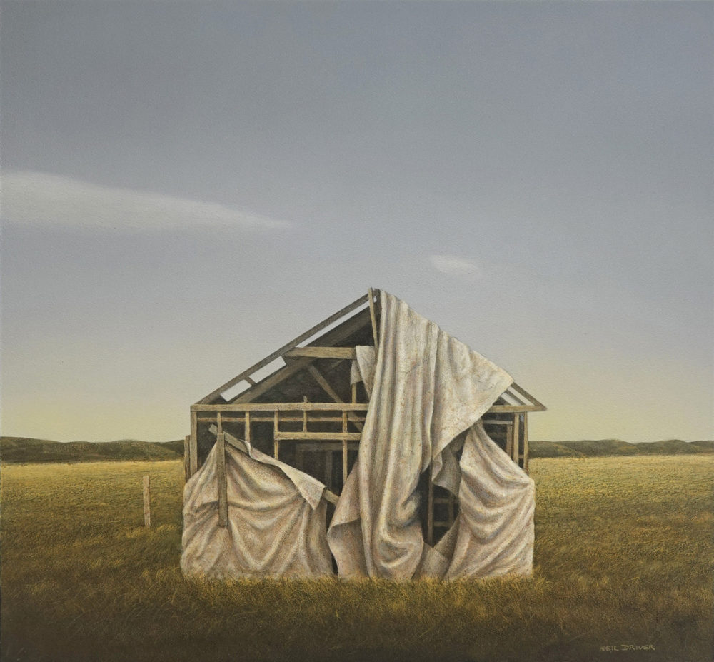 Neil Driver Draped Shed original acrylic landscape painting on board painting at Parnell Gallery Auckland NZ