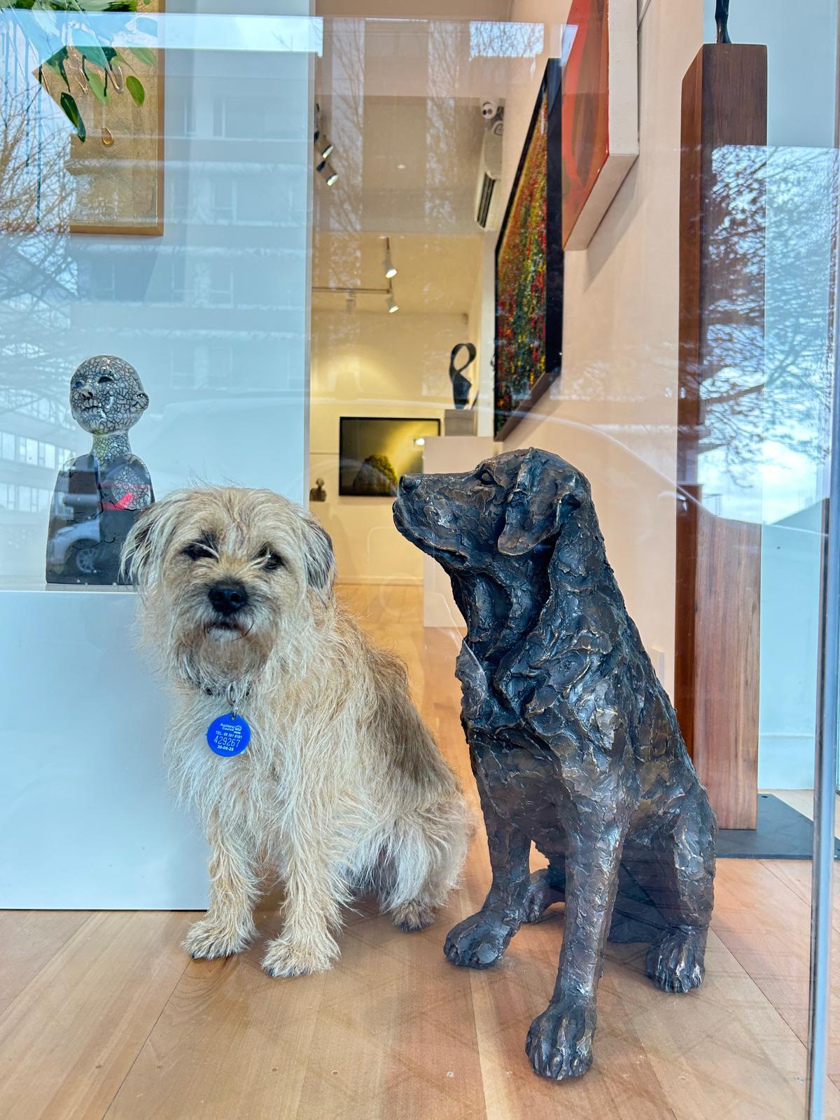 Parnell Gallery pooch and 'Official Greeter', Frankie, standing guard in the front window with friend, bronze sculpture, by Richard Wells. Zoe & Morgan Journal featuring Sally Souness and Anna Silcock, co Directors of Parnell Gallery. 