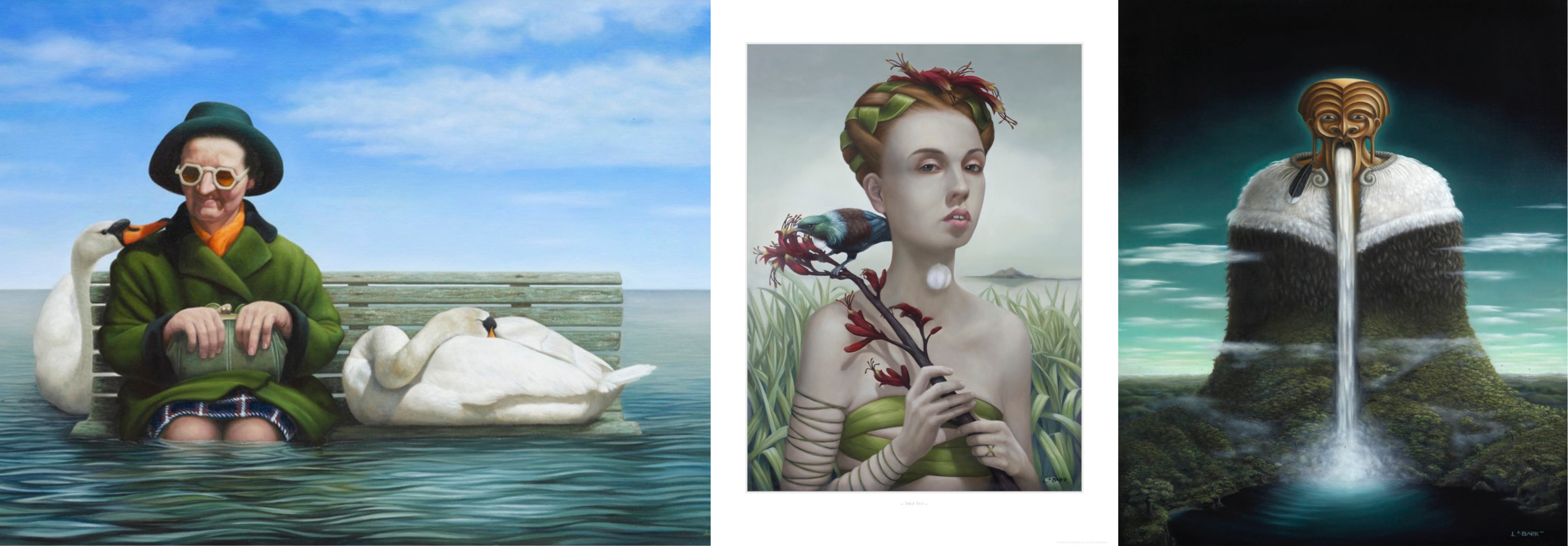 Liam Barr - contemporary surreal paintinter and artist - limited edition prints now available at Parnell Gallery. Pictured is Turning Tide, Tui Tui and Tane.