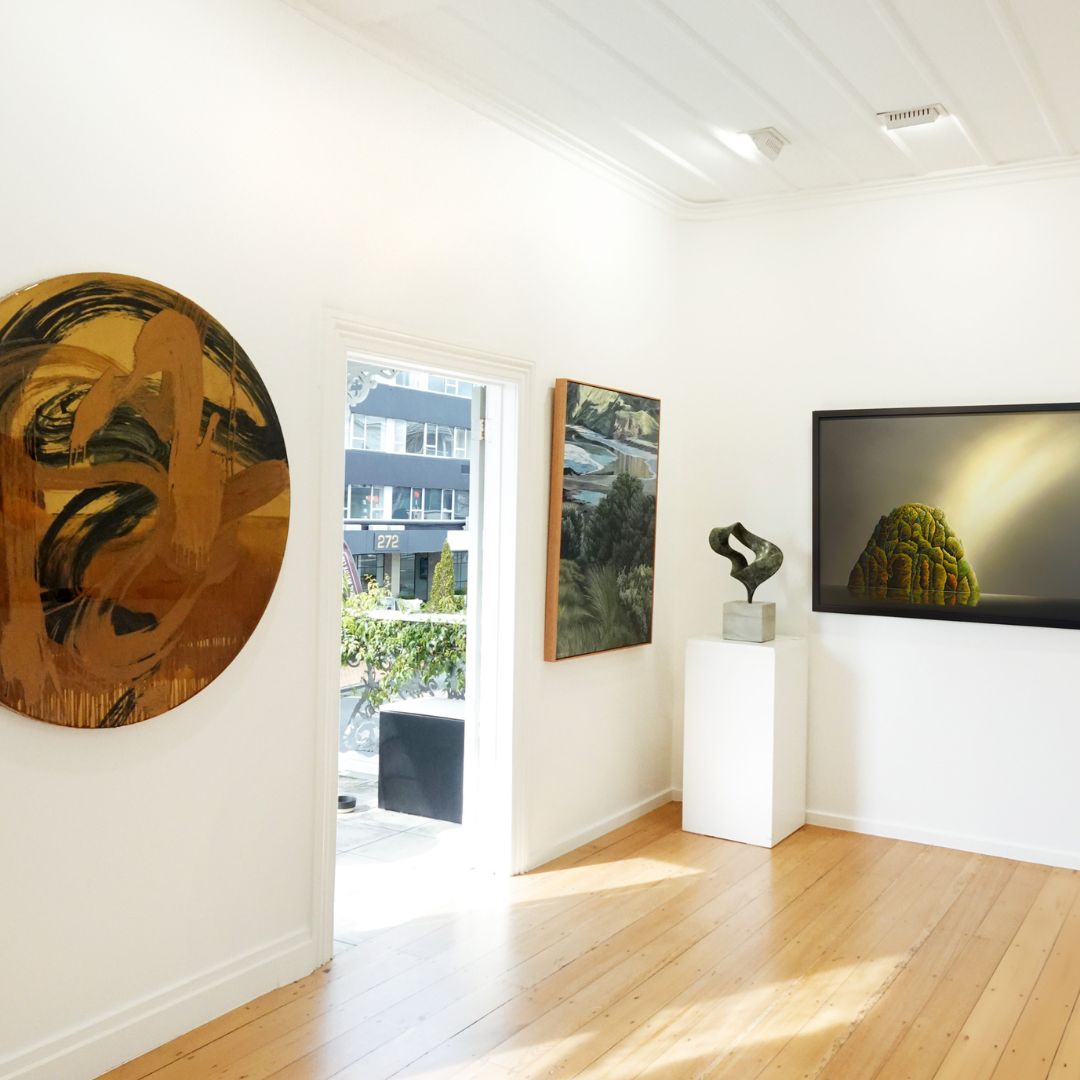 An image of our upstairs gallery featuring original paintings and sculptures by artists from our stable, including Sally Bulling, Helen Olivier, Stephen Howard and Nejat Kavas