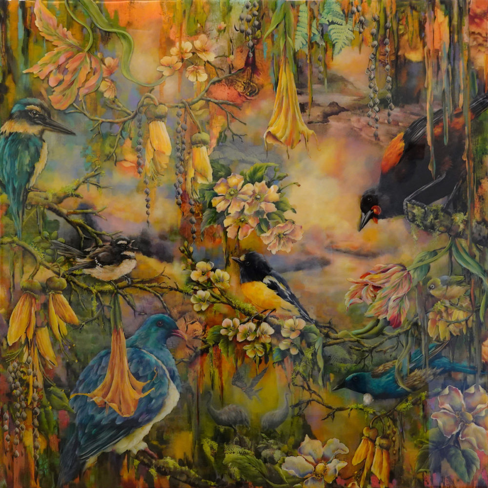 Janette Cervin, Call of the Piwakawaka original mixed media & resin painting at Parnell Gallery Auckland NZ