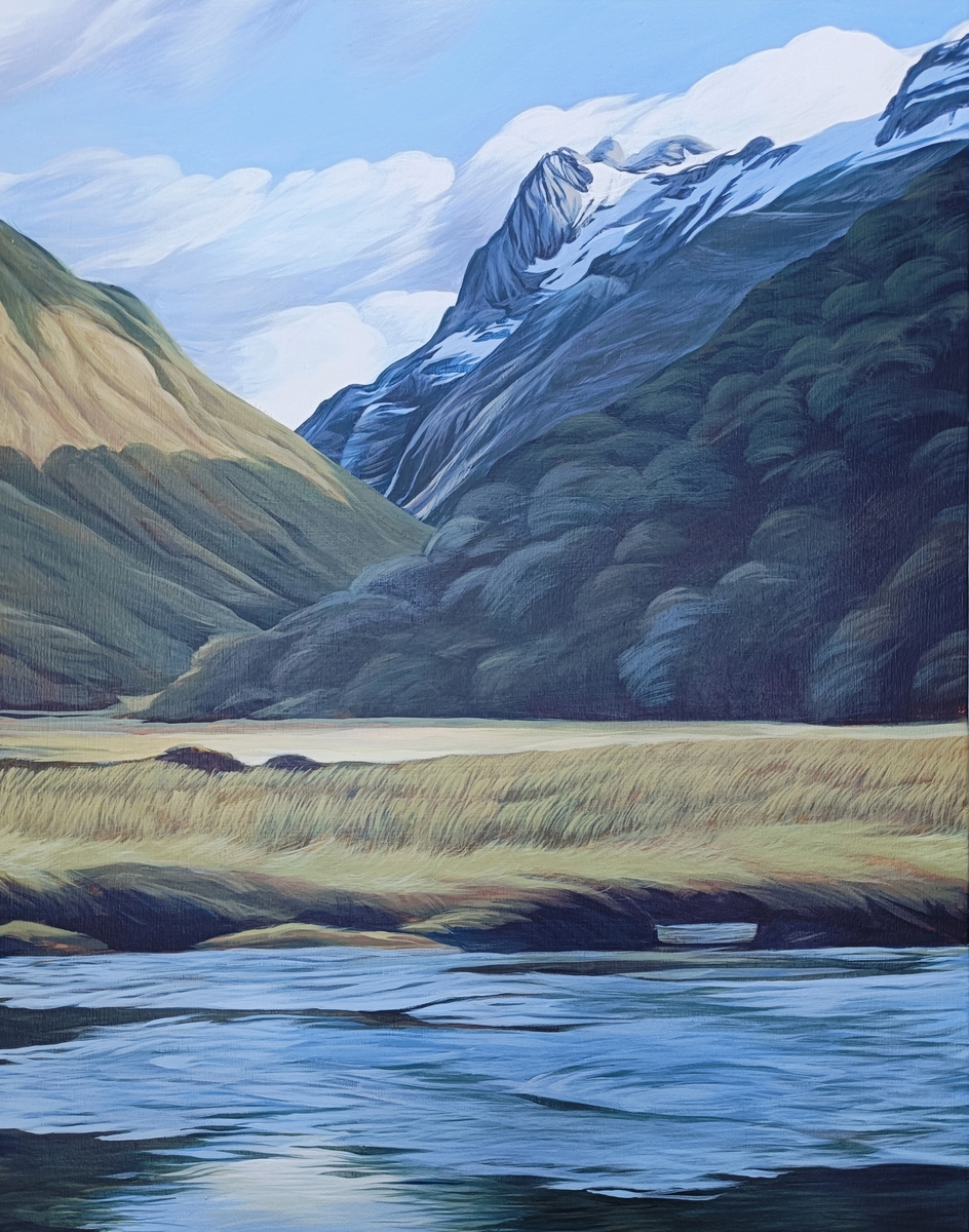 Helen Ollivier Routeburn Flats South Island New Zealand landscape painting at Parnell Gallery Auckland NZ