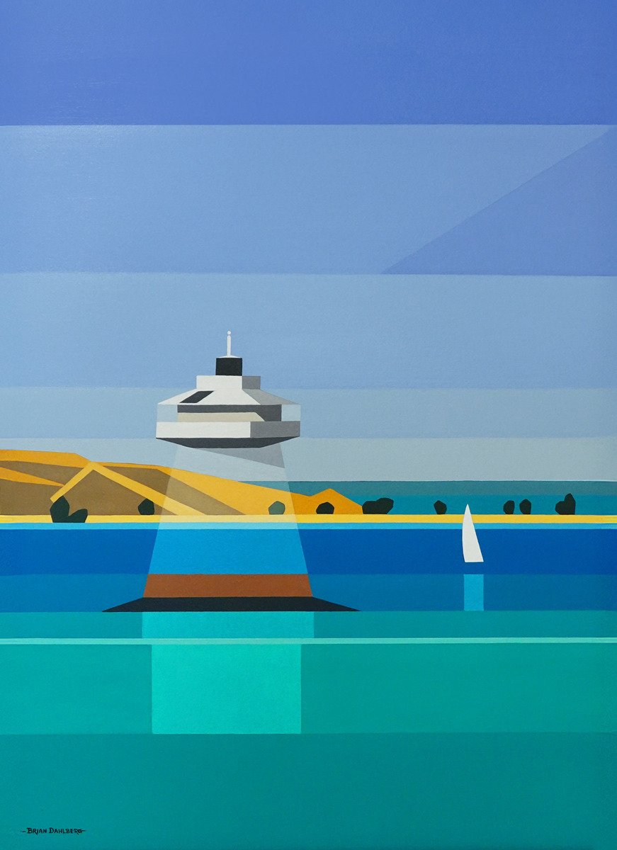 Hauraki Gulf II original cubist landscape painting by NZ artist Brian Dahlberg at Parnell Gallery Auckland NZ